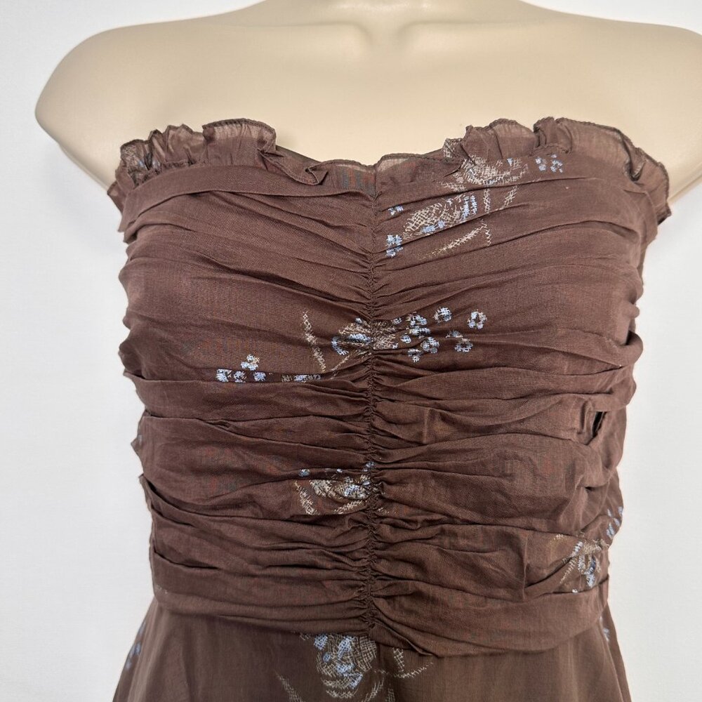 Odille STRAPLESS DRESS 100% Cotton in Mocha Brown with Blue Flowers